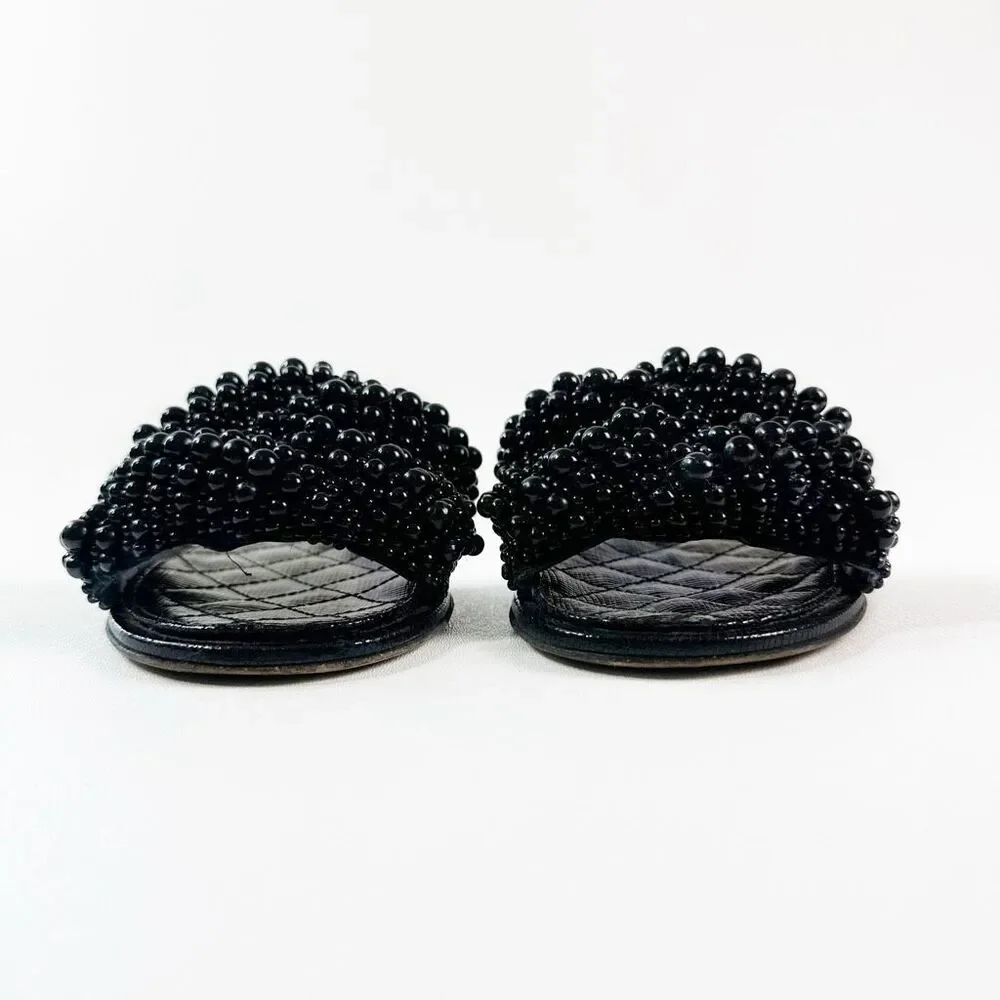 CHANEL Black Fantasy Pearl Cord Sandals Size 37 Mules Open Toe Slides CC Flat